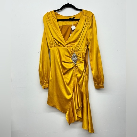 NWT Marie Satin Gold Ruffle Formal Midi Dress - Picture 10 of 10